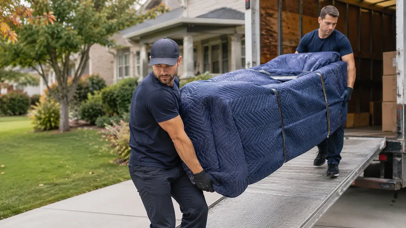 Two movers carrying a piece of furniture out of a home toward a truck.